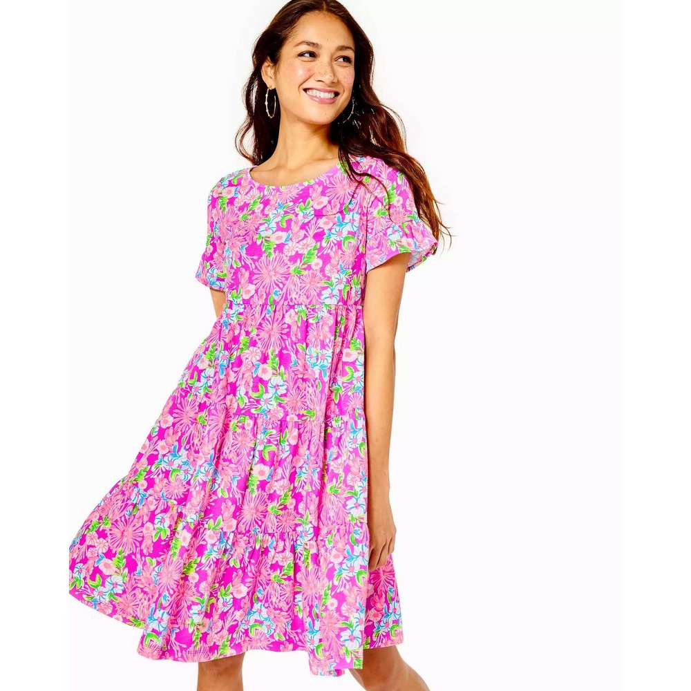 Lilly Pulitzer Jodee Dress Pink Floral Tiered Summer Resort Casual Flounce Small